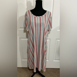 LuLaRoe Striped Midi Dress in Red, Blue and Cream